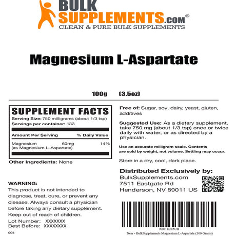 Bulksupplements.Com Magnesium L-Aspartate (100 Grams)