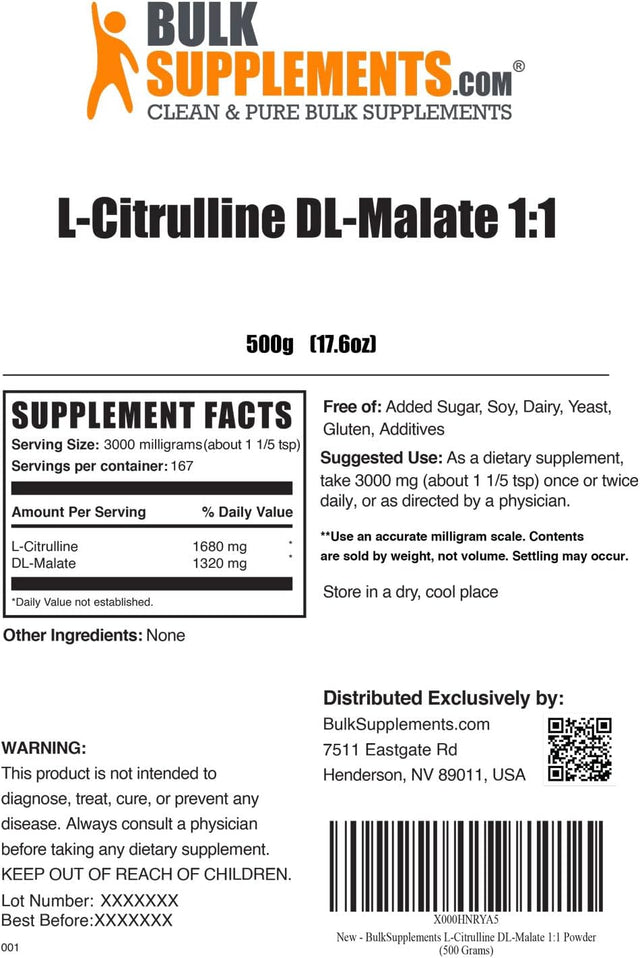 Bulksupplements.Com L-Citrulline Dl-Malate 1:1 Powder - L-Citrulline Malate, Citrulline Malate Powder - L Citrulline Malate Supplement, Gluten Free - 3G per Serving, 167 Servings, 500G (1.1 Lbs)