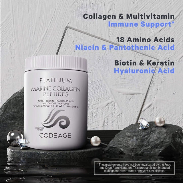 Codeage Marine Collagen Protein Powder Platinum, Fish Collagen Peptides + Vitamins, Biotin, 11.50 Oz