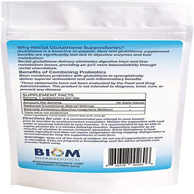 Biom Probiotics L-Glutathione High Potency Probiotic Suppositories, 500Mg