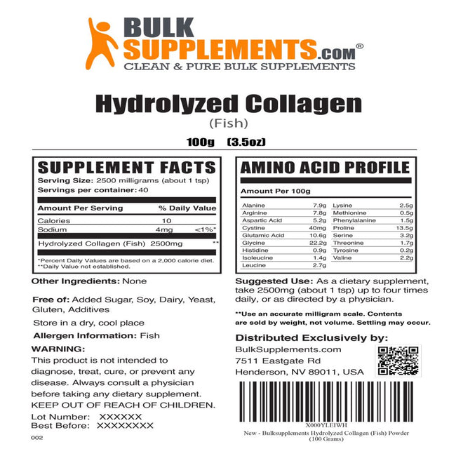 Bulksupplements.Com Hydrolyzed Collagen (Fish) Powder - Collagen Peptide Powder - Marine Collagen - Keto Collagen Powder (100 Grams)