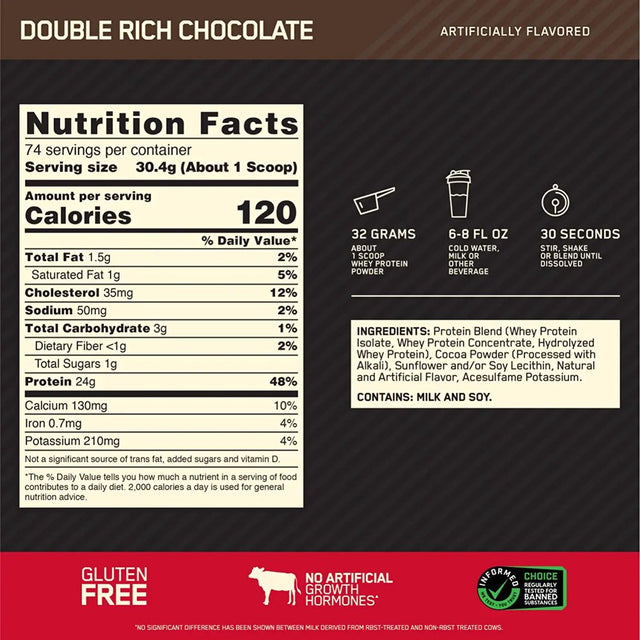 Optimum Nutrition, Gold Standard 100% Whey Protein Powder, Double Rich Chocolate, 58 Servings