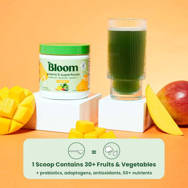 Bloom Nutrition Green Superfood | Super Greens Powder Juice & Smoothie Mix | Complete Whole Foods (Organic Spirulina, Chlorella, Wheat Grpeace), Probiotics, Digestive Enzymes, & Antioxidants (Mango)