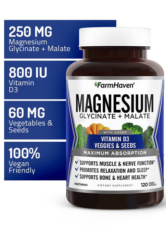 Magnesium Glycinate & Malate Complex W/Vitamin D3, 100% Chelated for Max Absorption, Vegetarian - Bone Health, Nerves, Muscles, 120 Capsules, 60 Days