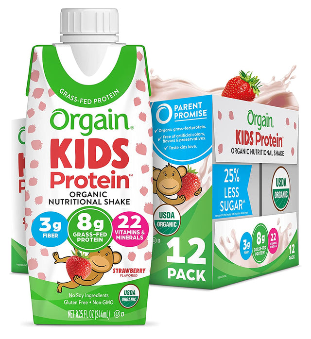 Orgain Organic Kids Nutritional Protein Shake, Strawberry - Kids Snacks with 8G Dairy Protein, 22 Vitamins & Minerals, Fruits & Vegetables, Gluten Free, Soy Free, Non GMO, 8.25 Fl Oz (Pack of 12)