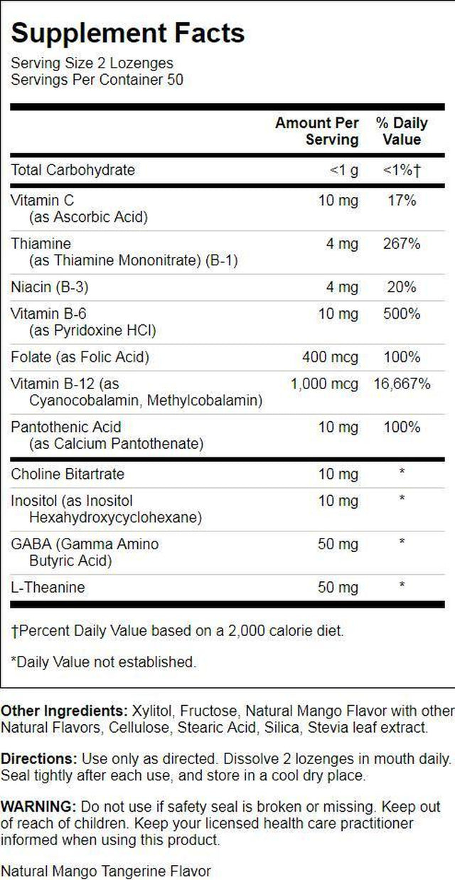 KAL GABA L-Theanine Stress B Lozenge | Healthy Relaxation, Mood & Focus Support | B Complex Vitamins | Natural Mango Tangerine Flavor | 100 Lozenges