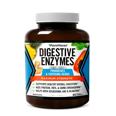 FARMHAVEN Digestive Enzymes with 12 Probiotics & 6 Soothing Herbs | Bromelain, Protease, Papaya & More Support Healthy Digestion