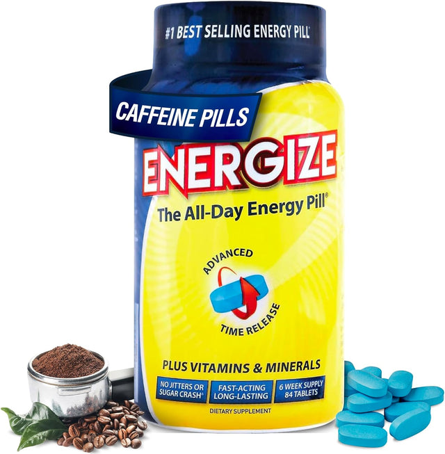 Energize Caffeine Pills, Fast Acting All Day Energy Pills & Natural Nootropics Support Supplement with Time Release Caffeine, Energy Support for Men and Women, No Jitters, No Crash (84 Tablets)