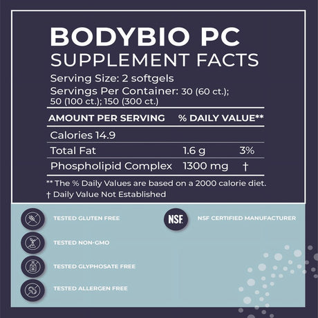 Bodybio - PC Phosphatidylcholine + Phospholipids - Liposomal for High Absorption - Optimal Brain & Cell Health - Boost Memory, Cognition, Focus & Clarity - 100% Non-Gmo - 60 Softgels