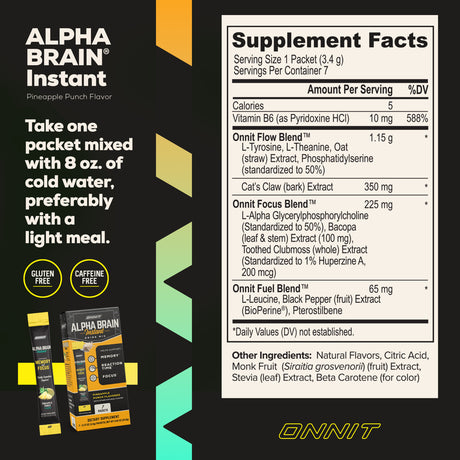 ONNIT Alpha BRAIN Instant Nootropic Brain Pineapple Punch Drink Mix, Memory/Focus Supplement, 7 Ct