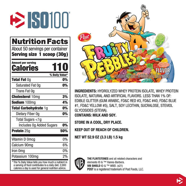 Dymatize ISO 100 Hydrolyzed Whey Protein, Fruity Pebbles, 50 Servings Contains Less than 1G of Sugar