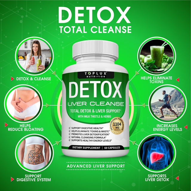 Toplux Detox Liver Cleanse Supplement Support Liver & Body Detox Milk Thistle Artichoke Extract Dandelion Root, 25+ Herbs 60 Capsules