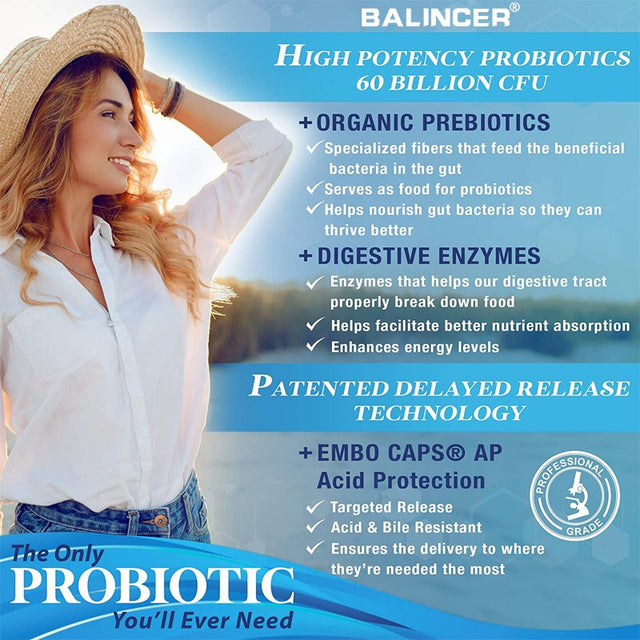 Balincer Premium Probiotics 60 Billion CFU Organic Prebiotics & Digestive Enzymes; Formulated Probiotics for Men & Women; Shelf Stable Acidophilus 30/60/120 Capsules-120Capsules