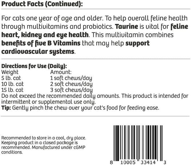 Vitacat Daily Multivitamin & Probiotics Cat Chews | Natural Supplement for Cats with Omega 3 | 90 Chicken Flavored Soft Chews | Made in the USA