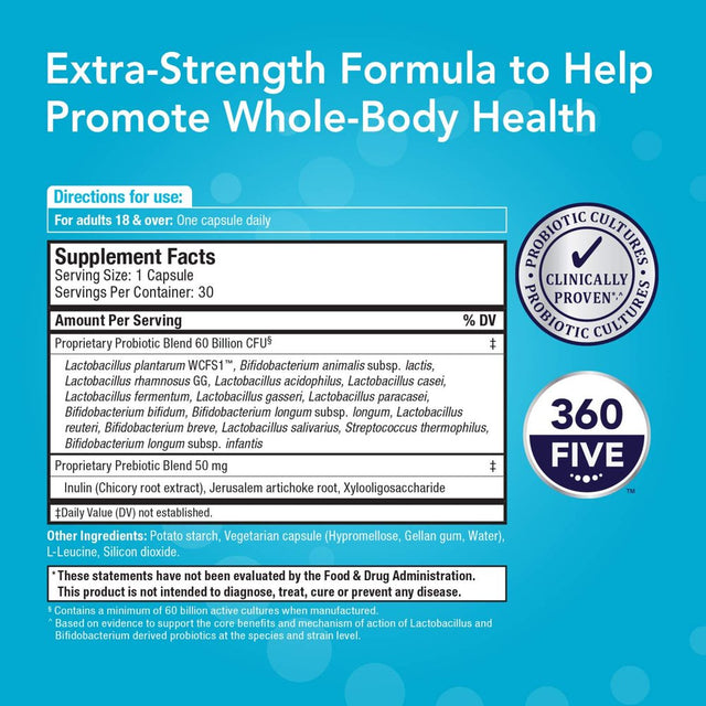 Bio360 Probiotics Daily Extra Formula, Daily Vegan Prebiotics & Probiotics for Extra Support, 30 Ct