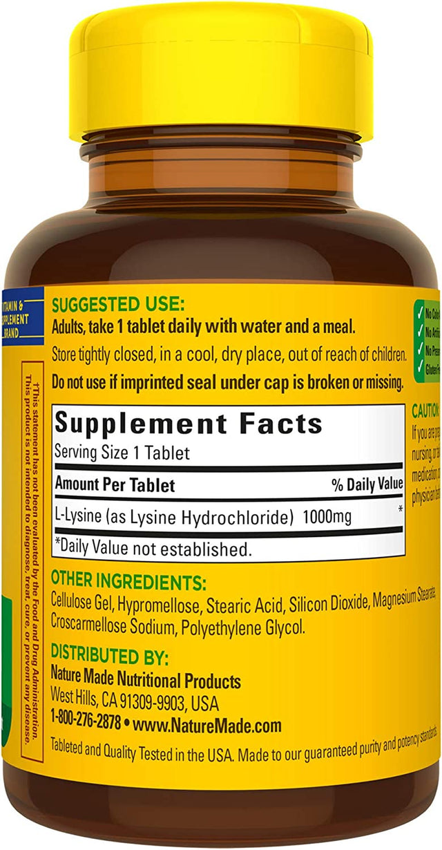 Nature Made L-Lysine 1000 Mg, Dietary Supplement, 60 Tablets, 60 Day Supply