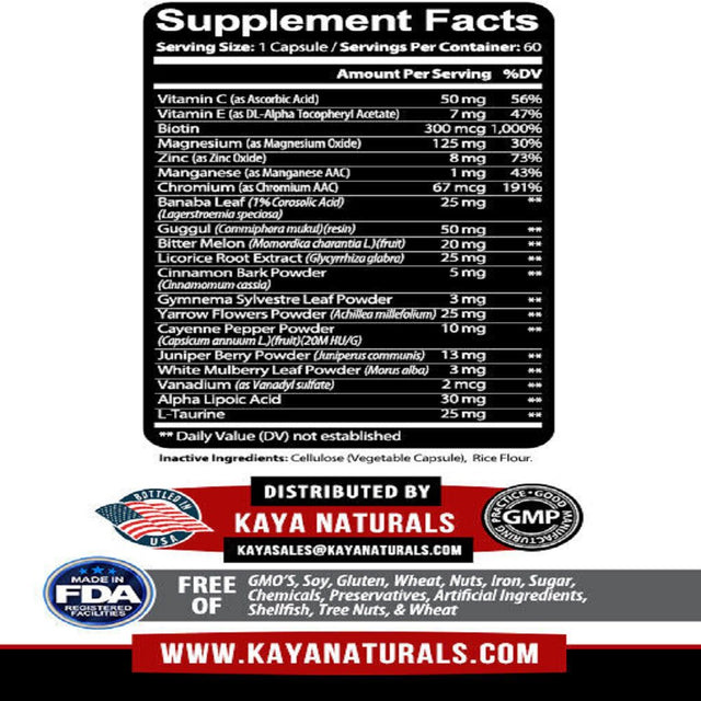 Kaya Naturals Blood Sugar Support Alpha Lipoic Acid & Cinnamon 20 Herbs 60 Capsules