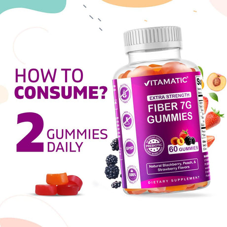 Vitamatic Prebiotic Fiber Gummies for Adults - 7G Fiber Extra Strength - Zero Sugar Added - 60 Pectin Based Gummies - Digestive Health & Regularity Support