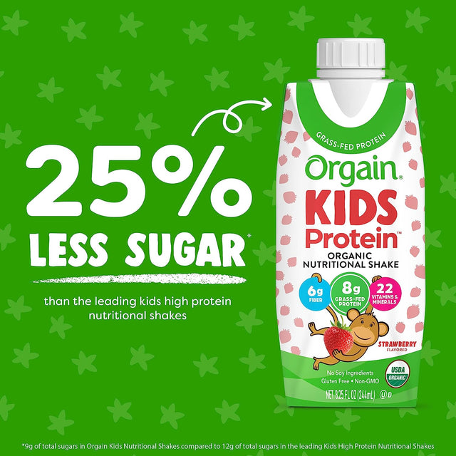 Orgain Organic Kids Nutritional Protein Shake, Strawberry - Kids Snacks with 8G Dairy Protein, 22 Vitamins & Minerals, Fruits & Vegetables, Gluten Free, Soy Free, Non GMO, 8.25 Fl Oz (Pack of 12)