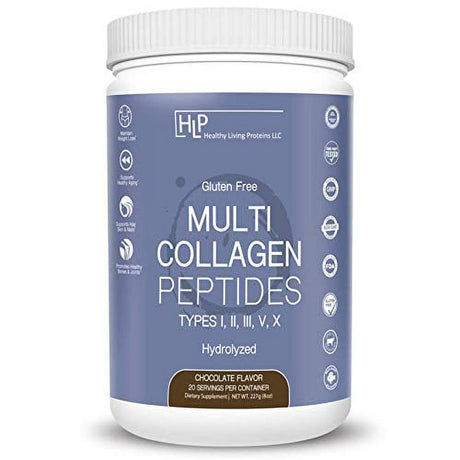 Healthy Living Proteins | Multi Hydrolyzed Collagen Peptides Type I, II, III, V, & X | Grass Fed Bovine, Wild Caught Marine, Free Range Chicken | Gluten Free (Chocolate, 8 Oz)