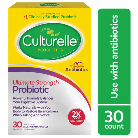 Culturelle Ultimate Strength Probiotic for Men and Women, Most Clinically Studied Probiotic Strain, 20 Billion Cfus, Supports Occasional Diarrhea, Gas & Bloating, Non-Gmo, 30 Count