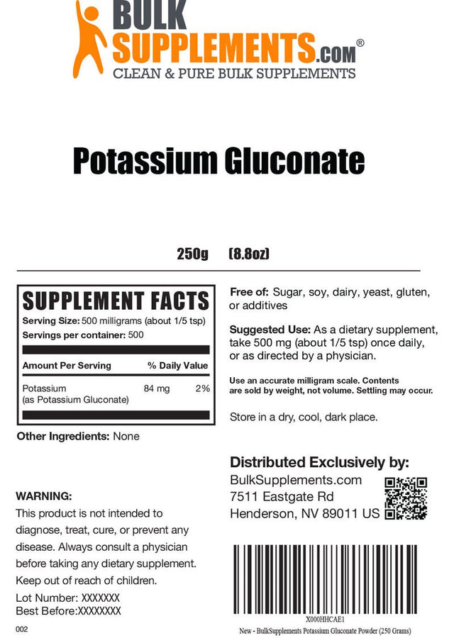 Bulksupplements.Com Potassium Gluconate Powder - Potassium Supplement - Potassium Powder - Vegan Potassium - Potassium Vitamins (250 Grams)