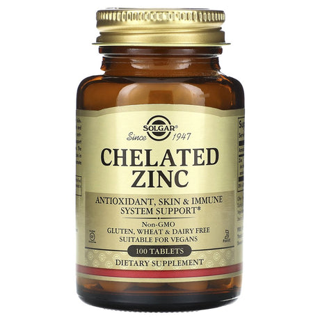 Solgar Chelated Zinc, 100 Tablets - Zinc for Healthy Skin - Supports Cell Growth & DNA Formation - Exerts Antioxidant Activity - Supports a Healthy Immune System - Non GMO, Gluten Free - 100 Servings