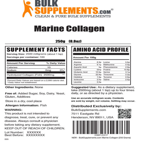 Bulksupplements.Com Hydrolyzed Collagen (Fish) Powder - Marine Collagen - Keto Collagen Powder - Collagen Powder for Women (250 Grams)