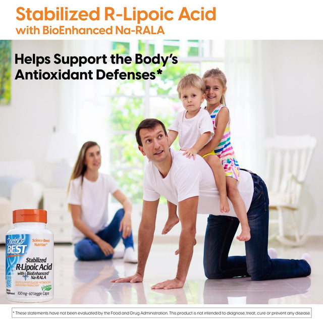 Doctor'S Best Stabilized R-Lipoic Acid with Bioenhanced Na-Rala, Non-Gmo, Gluten Free, Soy Free Vegan, Helps Maintain Blood Sugar Levels, 100 Mg 60 Veggie Caps