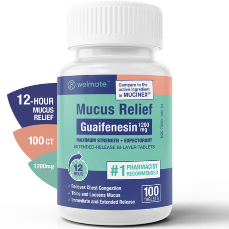 Welmate Mucus Relief - Guaifenesin 1200 Mg Maximum Strength - 100 Count Extended-Release Tablets