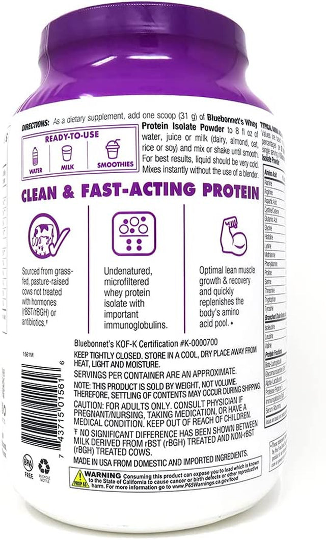 Bluebonnet Nutrition Whey Protein Isolate Powder, Whey from Grass Fed Cows, 26 Grams of Protein, No Sugar Added, Gluten Free, Soy Free, Kosher Dairy, 2.2 Lbs, 32 Servings, Original Unflavored