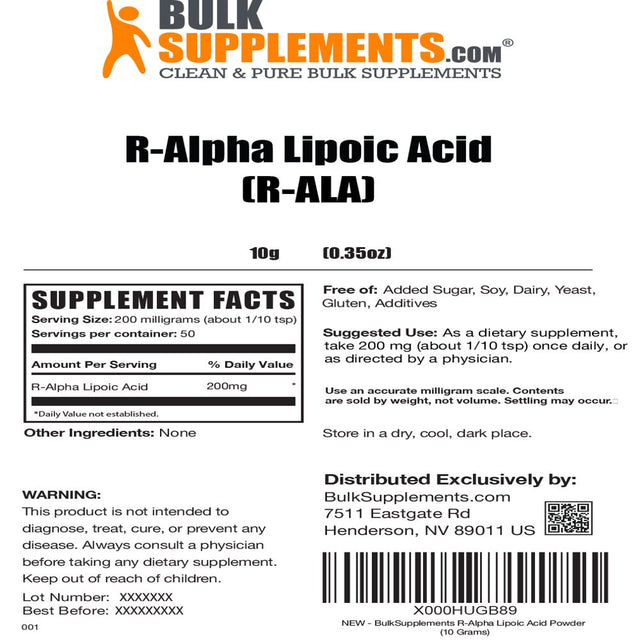 Bulksupplements.Com R-Alpha Lipoic Acid Powder, 200Mg - Nerve Support Formula (100G - 50 Servings)