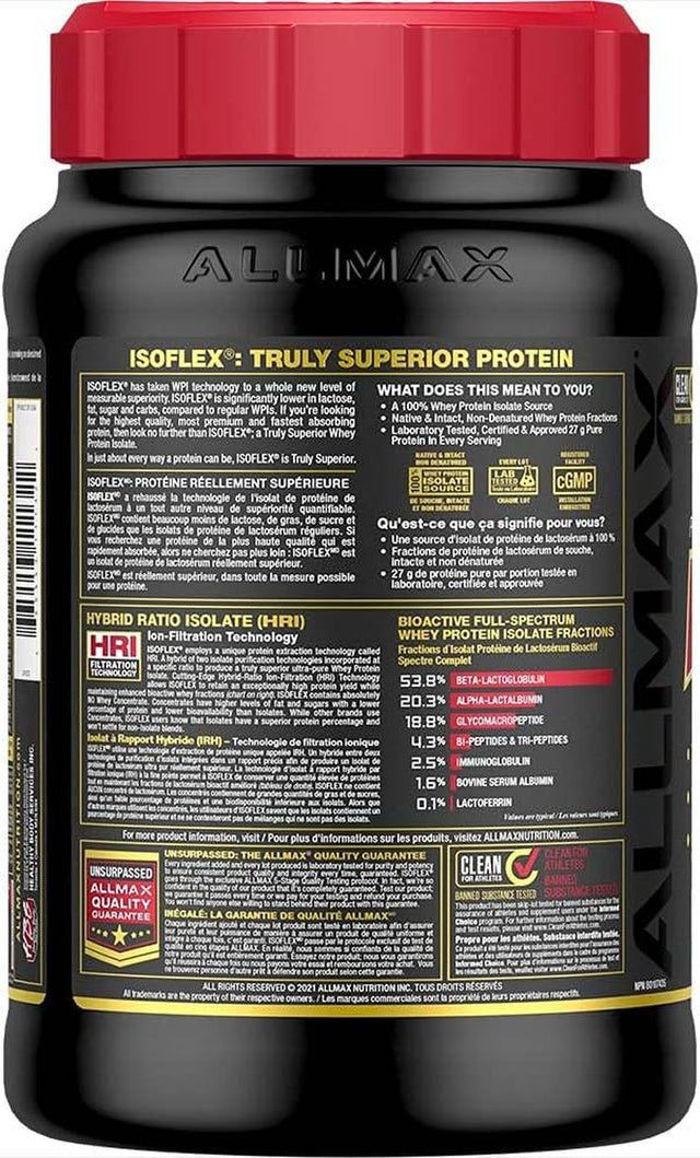 ALLMAX ISOFLEX Whey Protein Isolate, Vanilla - 2 Lb - 27 Grams of Protein per Scoop - Zero Fat & Sugar - 99% Lactose Free - Gluten Free & Soy Free - Approx. 30 Servings