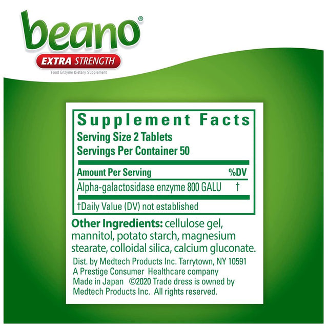 Beano Extra Strength, Gas Prevention & Digestive Enzyme Supplement, 100 Count