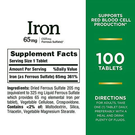 Nature'S Bounty Iron 65Mg, 325 Mg Ferrous Sulfate, Cellular Energy Support, Promotes Normal Red Blood Cell Production, 100 Tablets