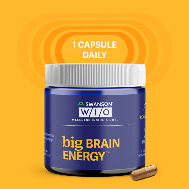 Swanson WIO™ Big BRAIN ENERGY™ Caffeine Alternative, Cognition, Energy, Better Focus/Alertness, Enxtra® Alpinia Galanga 300Mg, Gluten-Free, Non-Gmo, Mental Wellness, 30 Capsules (30-Day Supply)