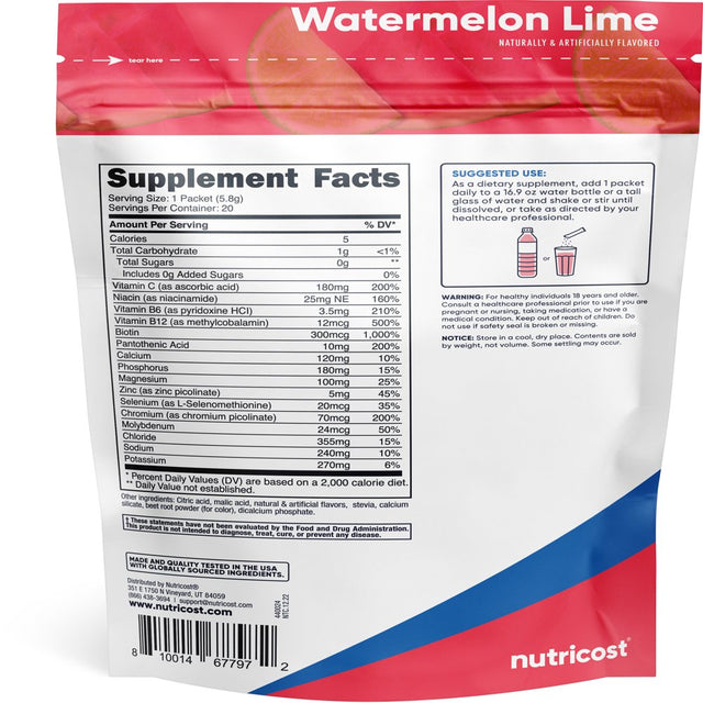Nutricost Electrolytes Powder Hydration Packets (Watermelon Lime, 20 Servings)