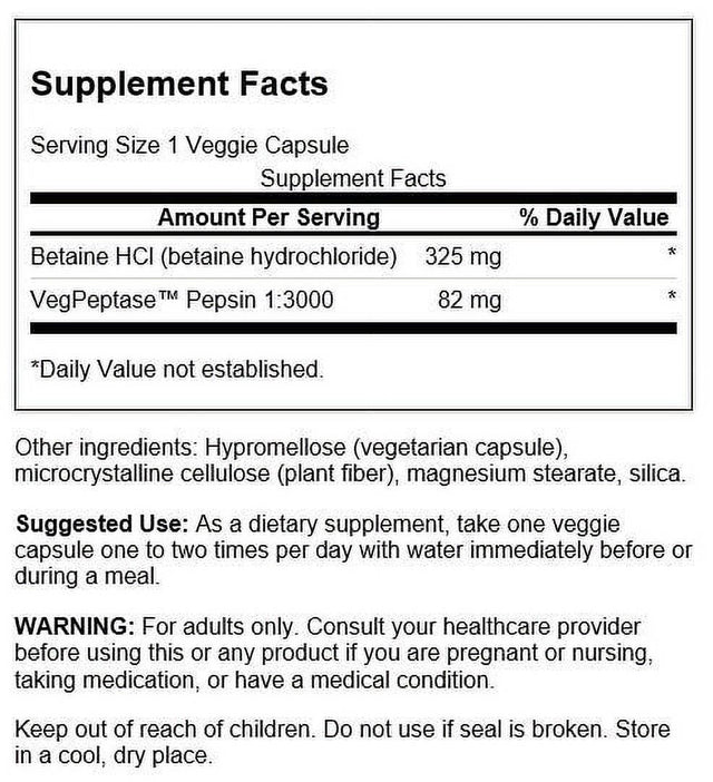 Swanson Betaine Hcl Hydrochloric Acid with Vegpeptase 250 Veg Caps 2 Pack