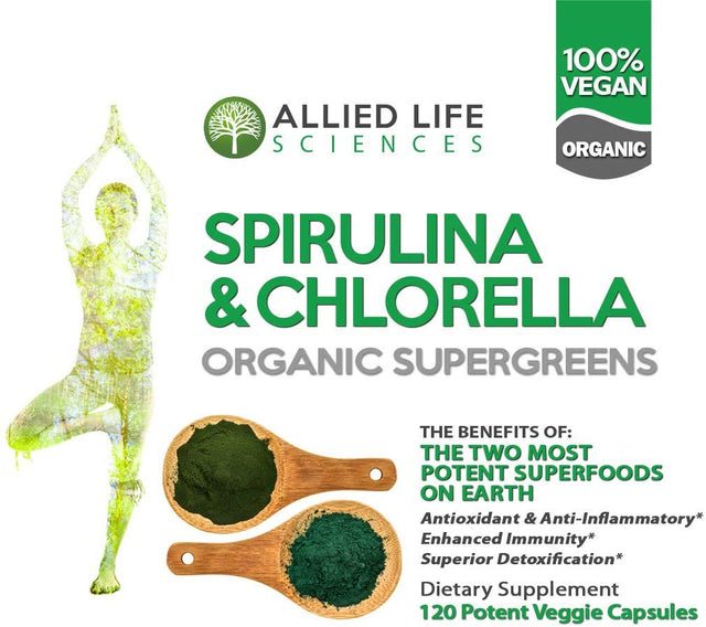 3-PACK - Allied Life Spirulina and Chlorella - Organic Chlorophyll Vegan Protein Powder Capsules 120 Caps