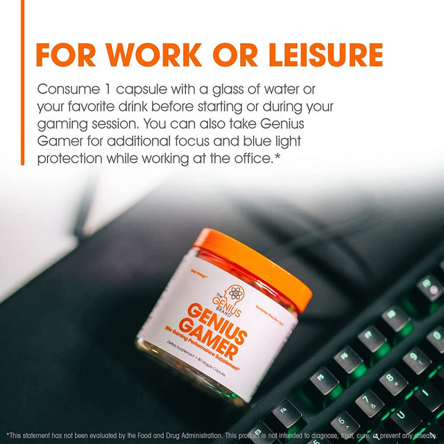 Gaming + Vision Focus Supplement Performance Booster for Brain & Mental Clarity, Reaction Time & Concentration, Genius Gamer by the Genius Brand