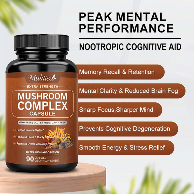 MULITTEA Mushroom Supplement |Lions Mane, Reishi and Cordyceps |10 Mushroom Complex Formula - Supplement for Memory & Focus, Immune Booster & Stress Relief - 90 Capsules