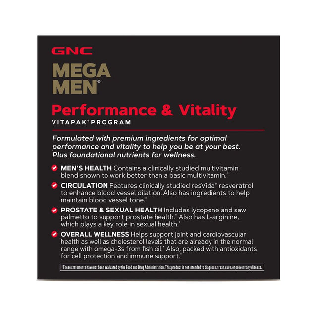 GNC Mega Men Performance & Vitality Vitapak | Overall Health and Wellness | Antioxidant Support | 30 Count