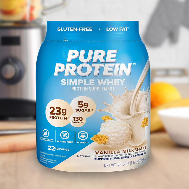 Pure Protein Simple Whey Powder - High Protein, Low Sugar, Gluten-Free, French Vanilla Flavor - 1.6 Lbs