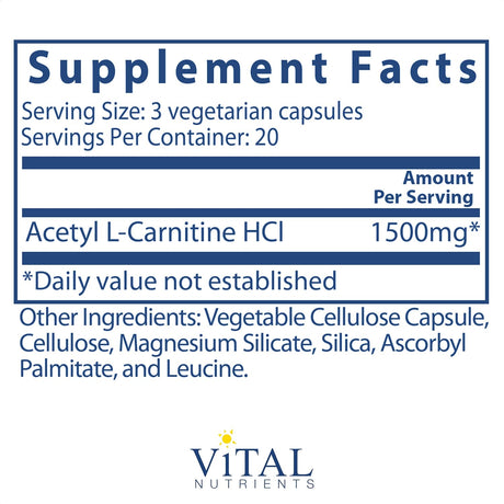 Vital Nutrients - Acetyl L-Carnitine - Supports Normal Brain Function - 60 Vegetarian Capsules per Bottle - 500 Mg