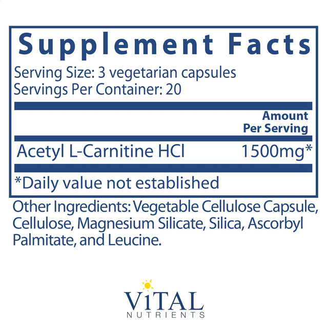 Vital Nutrients - Acetyl L-Carnitine - Supports Normal Brain Function - 60 Vegetarian Capsules per Bottle - 500 Mg