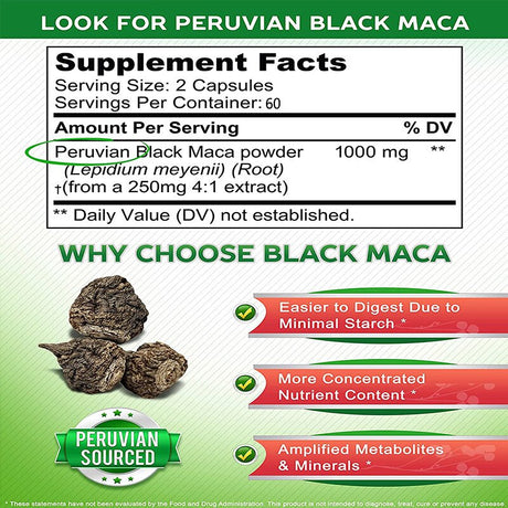 Pure Black Maca Root - Max Strength 1000Mg per Serving - Gelatinized Maca Root Extract Supplement from Peru - Natural Pills to Support Reproductive Health & Energy - Non-Gmo-120Capsules