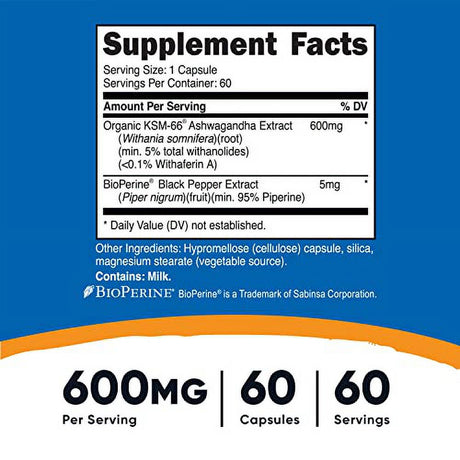 Nutricost KSM-66 Ashwagandha Root Extract 600Mg, 60 Veggie Caps - High Potency 5% Withanolides - with Bioperine - Full-Spectrum Root Extract