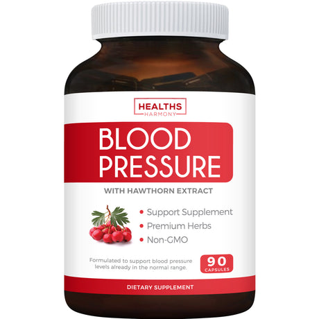 Healths Harmony Natural Blood Pressure Support Supplement - Support Healthy Blood Pressure & Circulation with Hawthorn Berry Extract - 90 Capsules