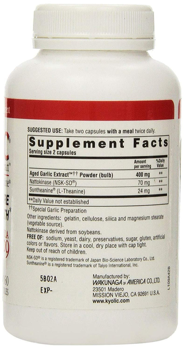 Kyolic Garlic Formula 109 Blood Pressure Health (160 Capsules) Heart Healthy Odorless Organic Garlic Supplement, Soy- Dairy- Gluten-Free, Gentle on the Gut Garlic Pills