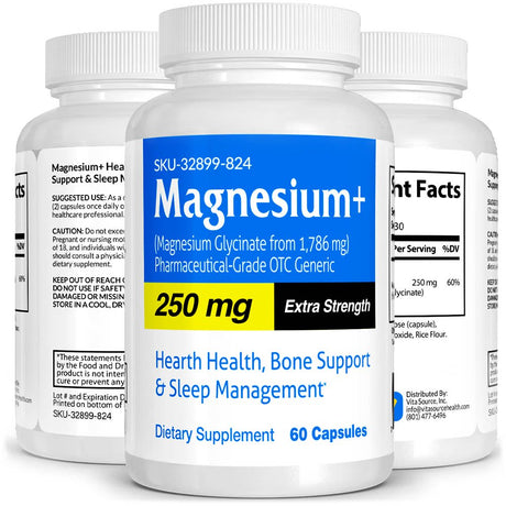 Magnesium+ Pharmaceutical Grade OTC for Heart Health, Bone Support & Sleep Management, 250 Mg, Vitasource